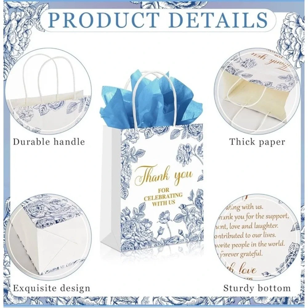 50 Pack Blue Toile Floral Thank You Paper Gift Bags Favors Wedding Bridal Shower
